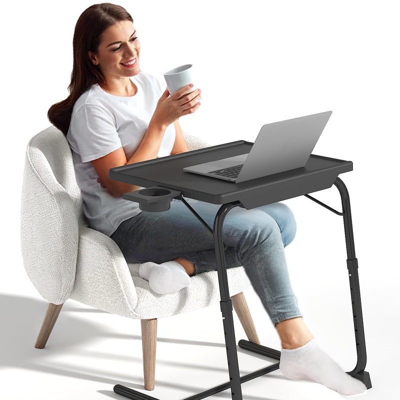 IWDOO TV Tray Table Adjustable TV Dinner Table for Eating on Couch with Cup Holder Folding Table with 6 Height & 3 Tilt Angle Adjustments Comfortable Laptop Stand for Bed & Sofa Black